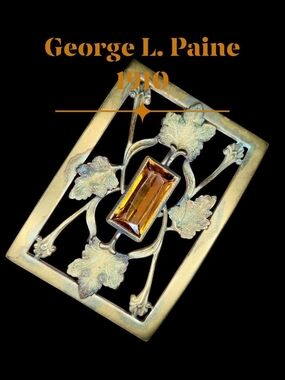 Antique Art Nouveau GLP George L. Paine Gold Filled Amber Glass Ivy Brooch 1910